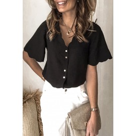 Black Scalloped Neckline Textured Short Sleeve Shirt